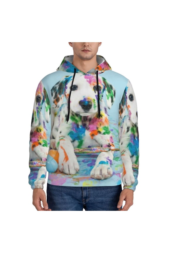 A Funny Little Dalmatian Puppy Pattern Mens Hoodie, Pullover Hooded Sweatshirt, Kangaroo Pocket Hoodie Ideal for Daily Wear, Travel and Home-Small