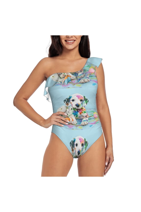 A Funny Little Dalmatian Puppy Pattern Women One Piece Swimsuits Tummy Control One Shoulder Bathing Suits Ruffle Swimwear-X-Large
