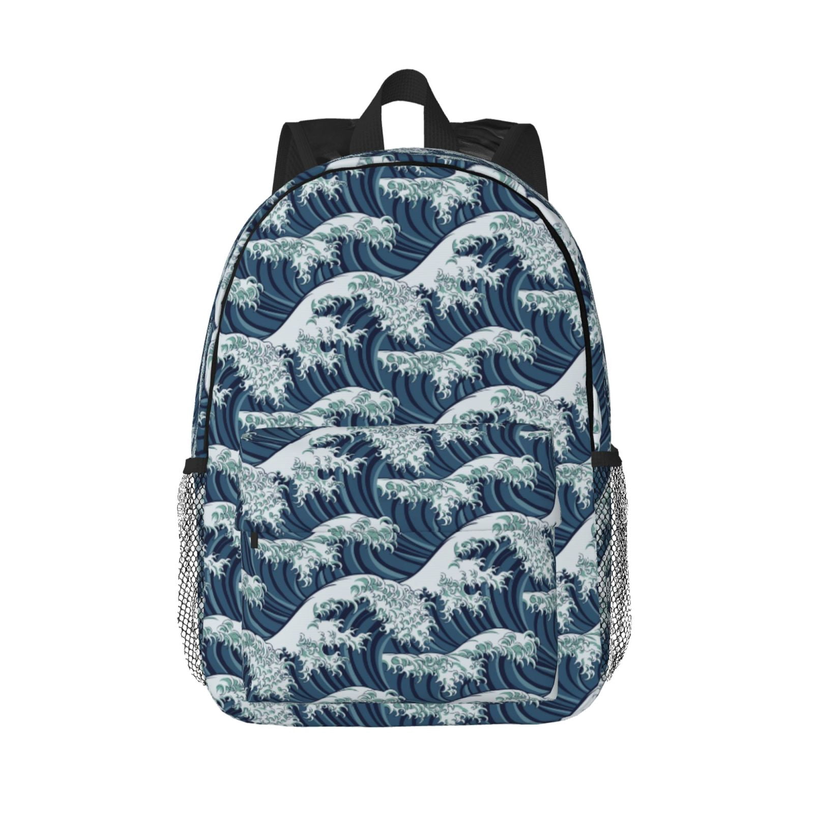 Rateoe A Japanese Great Wave Pattern Student Backpack Water-resistant Backpack 15-inch Laptop Backpack Lightweight Adjustable School Backpack