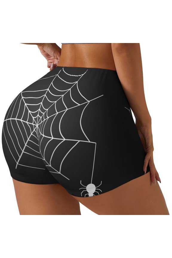 A Web With A Spider Printed Power Workout Shorts for Women Tummy Control Squat Proof Ribbed Thick Seamless Scrunch Active Short-Large