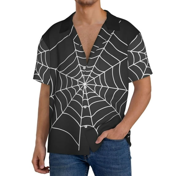 Rateoe A Web With A Spider Pattern Men's Short Sleeve Classic Shirt, Casual Short-Sleeved Shirt, Lightweight Summer Shirt, Cuban Collar Shirt,Button-Front Shirt-4X-Large