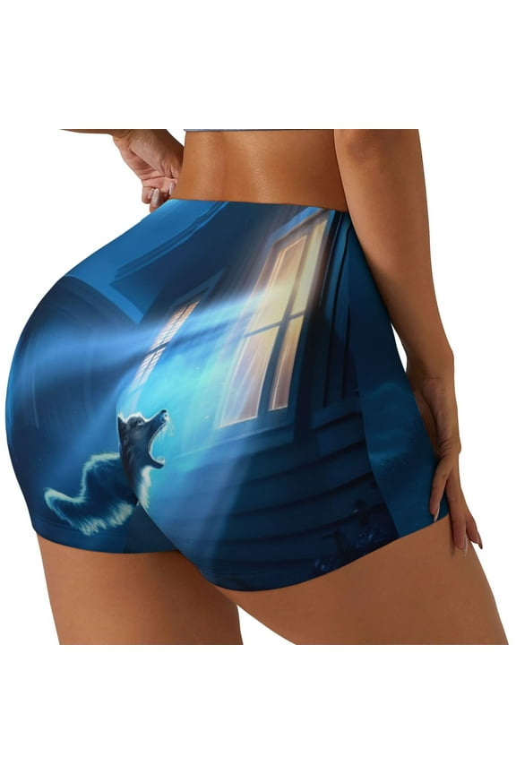A Wolf Barks Out A Window Printed Power Workout Shorts for Women Tummy Control Squat Proof Ribbed Thick Seamless Scrunch Active Short-Small
