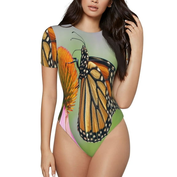Rateoe A monarch butterfly Printed Women Rash Guard Short Sleeve,Tummy control Swimsuit Surfing Swimsuit Bathing Suit Short-sleeved Onesie UPF 50+-X-Large