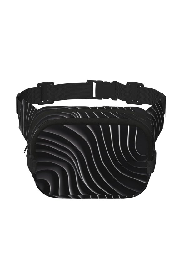 Abstract Black And White Waves Print Fanny Pack Belt Bag for Women and Men, Square Double-Layer Waterproof Waist Pack with Adjustable Strap for Hiking, Jogging, Cycling