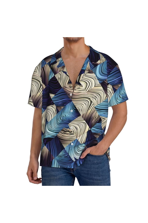 Abstract Blue Squares Pattern Men's Short Sleeve Classic Shirt, Casual Short-Sleeved Shirt, Lightweight Summer Shirt, Cuban Collar Shirt,Button-Front Shirt-Medium