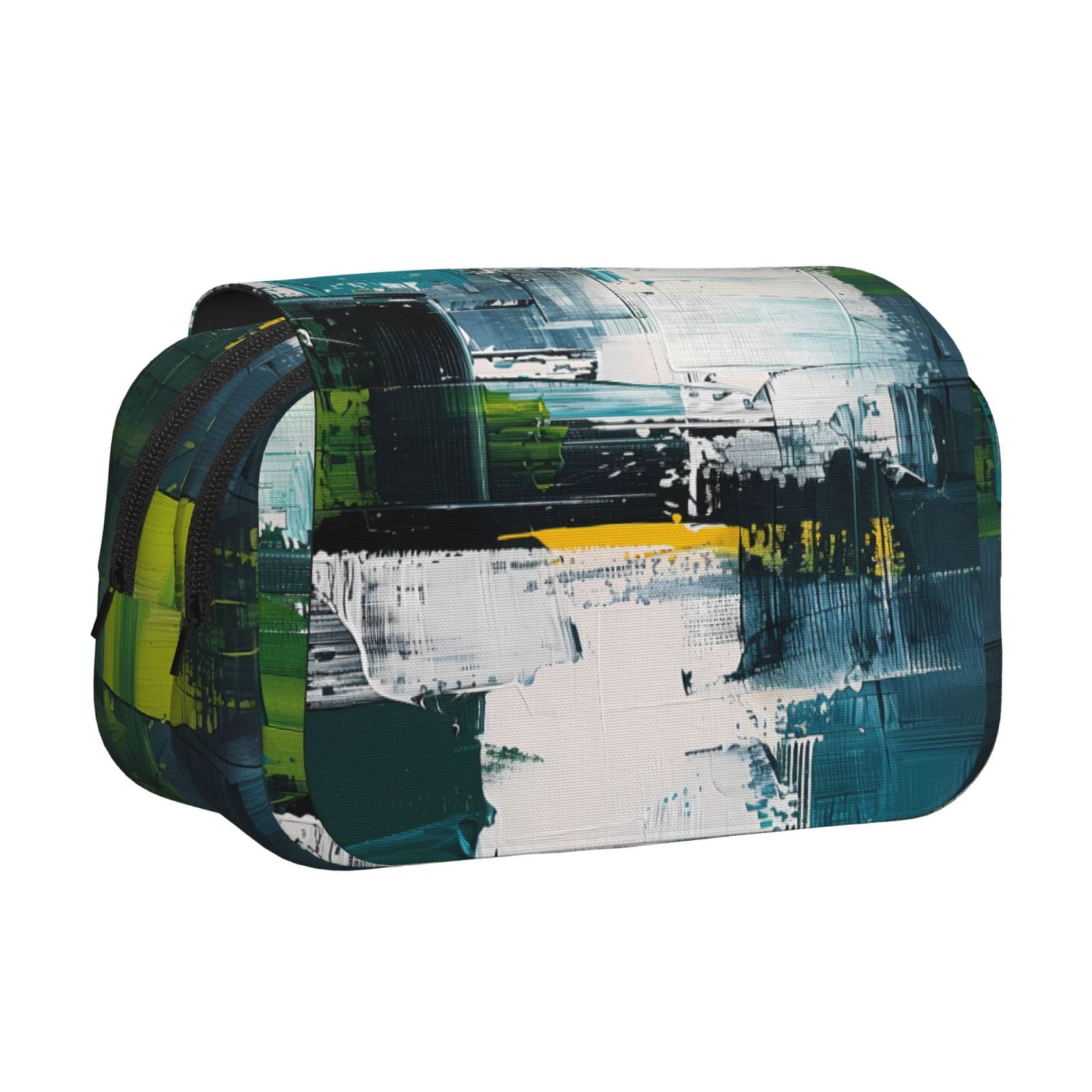 Rateoe Abstract Brushstrokes Green Blue Pattern Double Clamshell Pen Case, Storage Organizer with Two Zipper Compartments– Holds Up to 50 Pencils & Pens