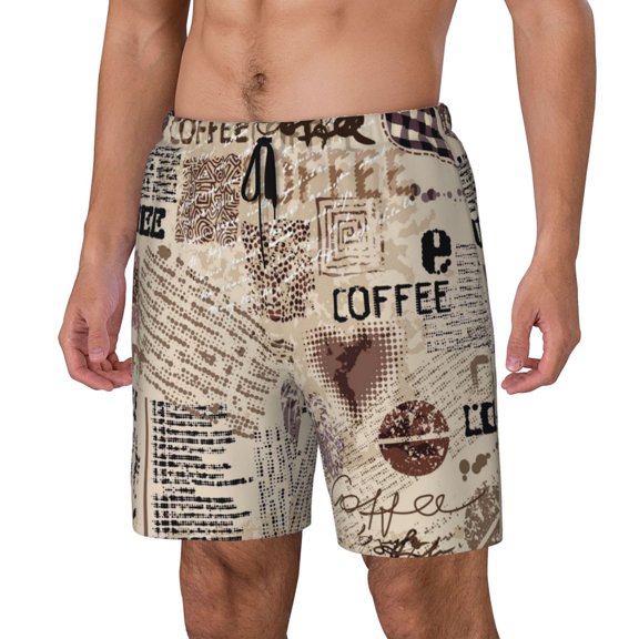 Rateoe Abstract Coffee Pattern With Letters Pattern Men’s Swim Shorts with Compression Liner – Double-Layered Quick-Dry Swimwear, Comfortable & Stretchy Beach Shorts-XX-Large