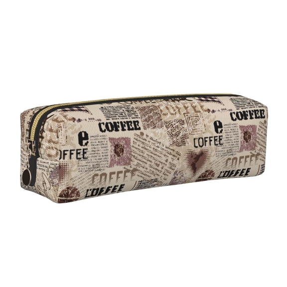Rateoe Abstract Coffee Pattern With Letters Print Leather Pencil Case with Smooth Zipper, Compact Storage for Writing Tools & Art Supplies, 8.26" x 1.96" x 2.16"