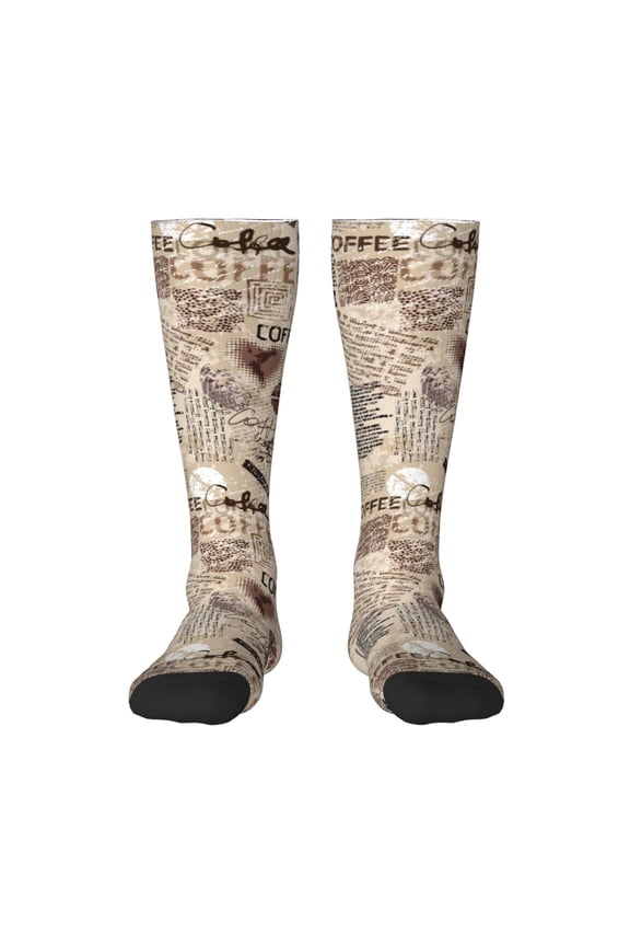 Abstract Coffee Pattern With Letters Pattern Women’s Knee High Crew Socks,Trouser Socks Comfortable, Breathable, Moisture-Wicking and Soft