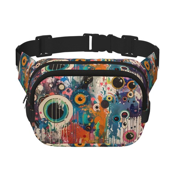 Rateoe Abstract Colorful Dripping Circles Print Fanny Pack Belt Bag for Women and Men, Square Double-Layer Waterproof Waist Pack with Adjustable Strap for Hiking, Jogging, Cycling