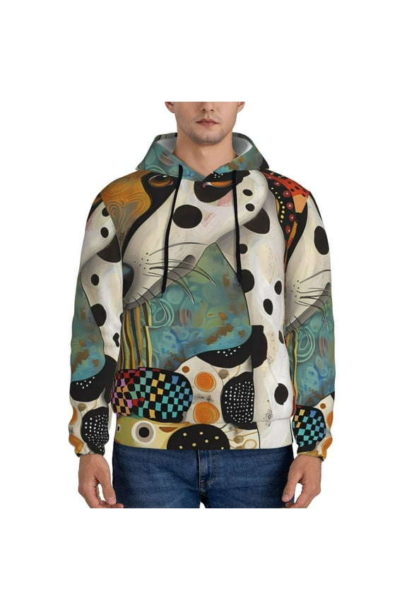 Abstract Dalmatian Art Pattern Mens Hoodie, Pullover Hooded Sweatshirt, Kangaroo Pocket Hoodie Ideal for Daily Wear, Travel and Home-Small