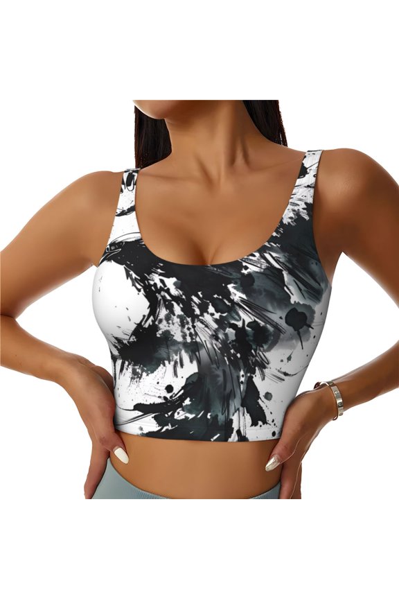 Abstract Eagle Ink Print Womens' Sports Bras Scoop Neck Sports Vest- Padded U Back Seamless High Impact Support-