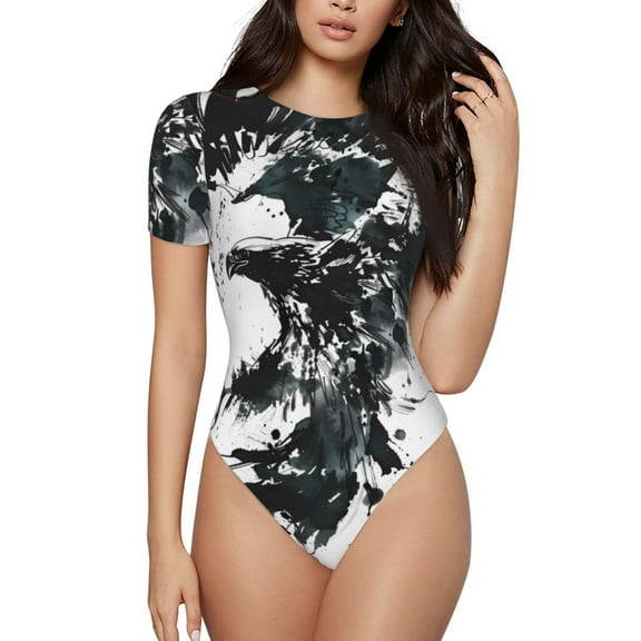 Rateoe Abstract Eagle Ink Printed Women Rash Guard Short Sleeve,Tummy control Swimsuit Surfing Swimsuit Bathing Suit Short-sleeved Onesie UPF 50+ -XX-Large