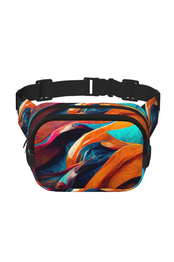 Abstract Fabric Color Waves Print Fanny Pack Belt Bag for Women and Men, Square Double-Layer Waterproof Waist Pack with Adjustable Strap for Hiking, Jogging, Cycling