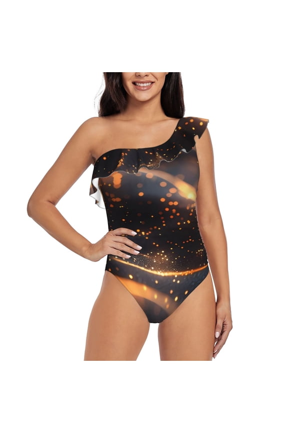 Abstract Glowing Wave Pattern Pattern Women One Piece Swimsuits Tummy Control One Shoulder Bathing Suits Ruffle Swimwear-XX-Large