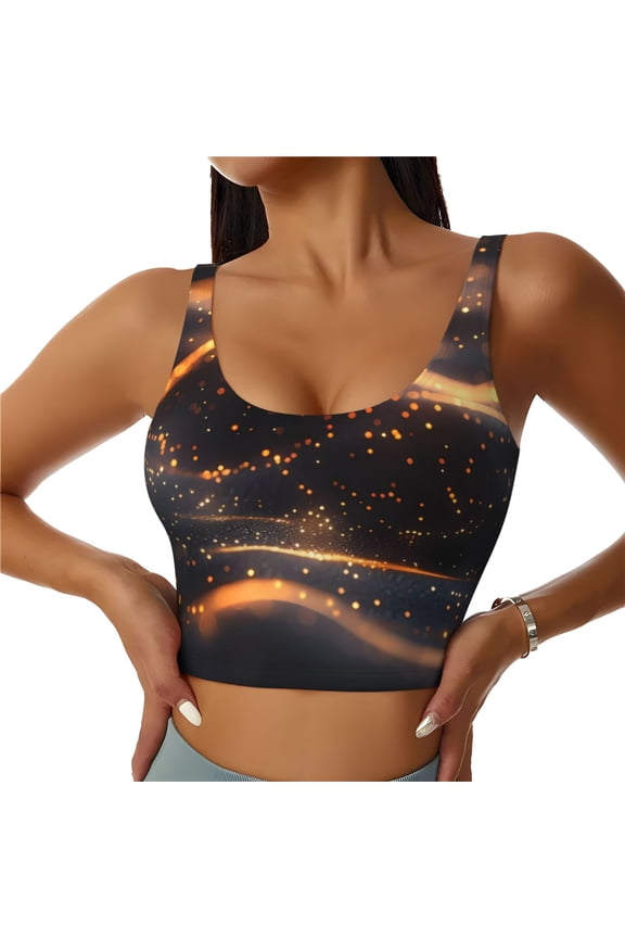 Abstract Glowing Wave Pattern Print Womens' Sports Bras Scoop Neck Sports Vest- Padded U Back Seamless High Impact Support-