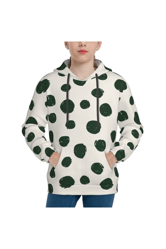 Abstract Green Polka Dot Pattern Boys Hoodie, Youth Pullover Hooded Sweatshirt, Kangaroo Pocket Hoodie for Kids-Small
