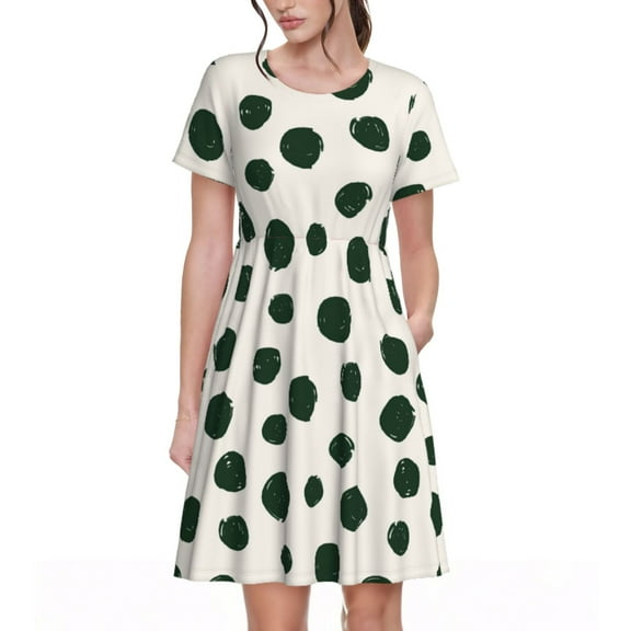 Rateoe Abstract Green Polka Dot Pattern Women’s Short Sleeve Dress – Casual Elegant Summer A-Line Dress for Everyday Wear