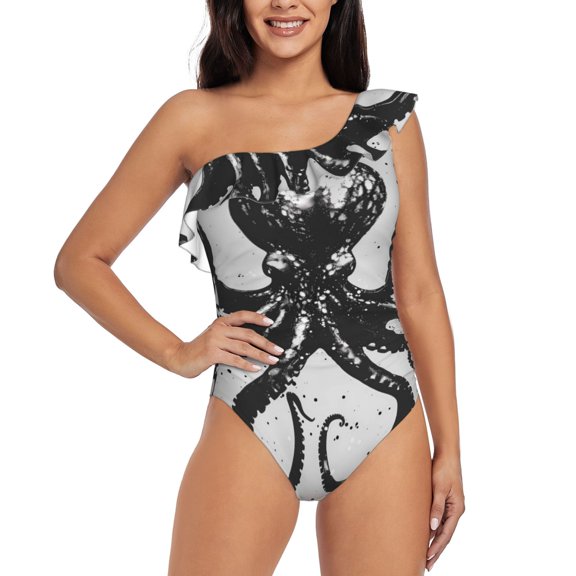 Rateoe Abstract Ink Octopus Pattern Women One Piece Swimsuits Tummy Control One Shoulder Bathing Suits Ruffle Swimwear-X-Large