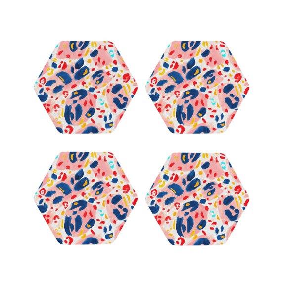 Rateoe Abstract Leopard Print Drawing Drink Coasters Set of 4 Leather Coasters Spill Protection for Table Desk,Durable and Non Slip Leather Coaster ,4 Inches Drink Mats-Hexagon