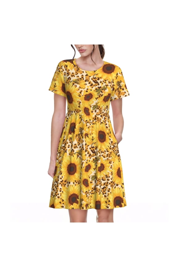 Abstract Leopard Print Sunflower Pattern Women’s Short Sleeve Dress – Casual Elegant Summer A-Line Dress for Everyday Wear