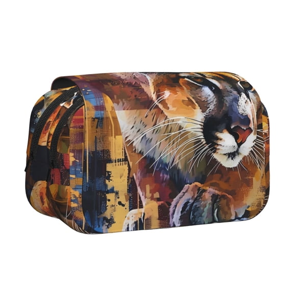 Rateoe Abstract Lion Painting Pattern Double Clamshell Pen Case, Storage Organizer with Two Zipper Compartments– Holds Up to 50 Pencils & Pens