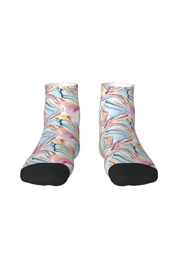 Abstract Marble Texture Pattern Quarter Crew Socks,Toe Seamed Ankle Socks,Cotton Cushioned Breathable Athletic Crew Sports Socks