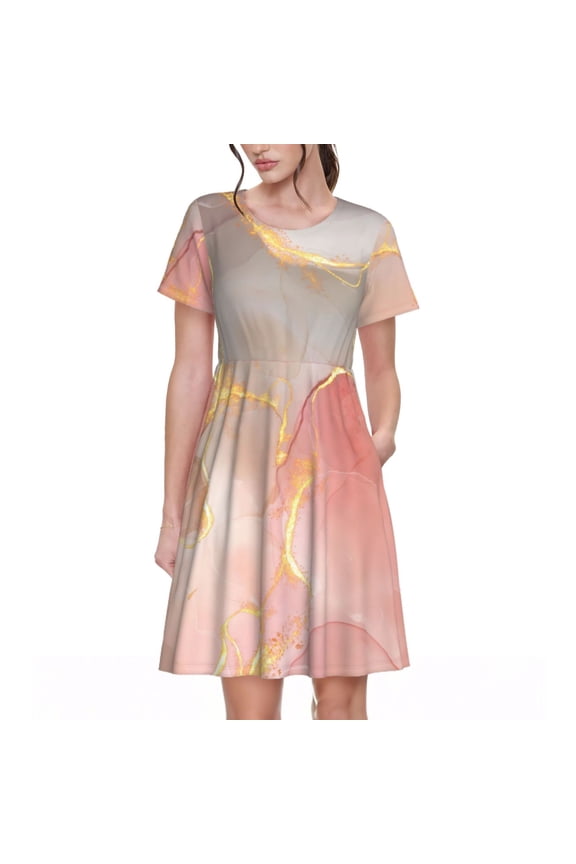 Abstract Marble Texture Pattern Women’s Short Sleeve Dress – Casual Elegant Summer A-Line Dress for Everyday Wear