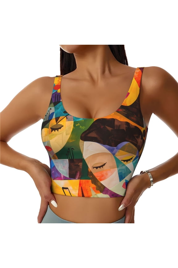 Abstract Musical Faces Print Womens' Sports Bras Scoop Neck Sports Vest- Padded U Back Seamless High Impact Support-Medium
