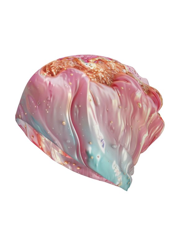 Abstract Pink Gold Splash Cotton Slouchy Beanie Hat for Men/Women,Lightweight Oversize Large Thin Skull Cap Night Sleeping Cap