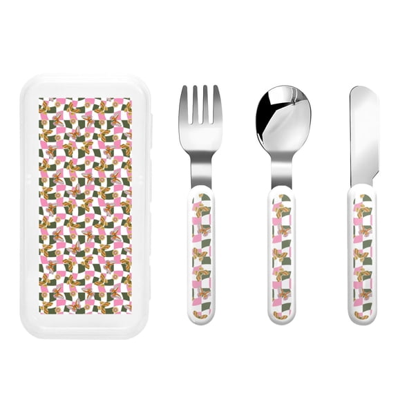 Rateoe Abstract Pink Plaid Butterfly for Stainless Steel Kids Silverware Set - Child and Toddler Safe Flatware - Children's Knife, Fork And Spoon Set
