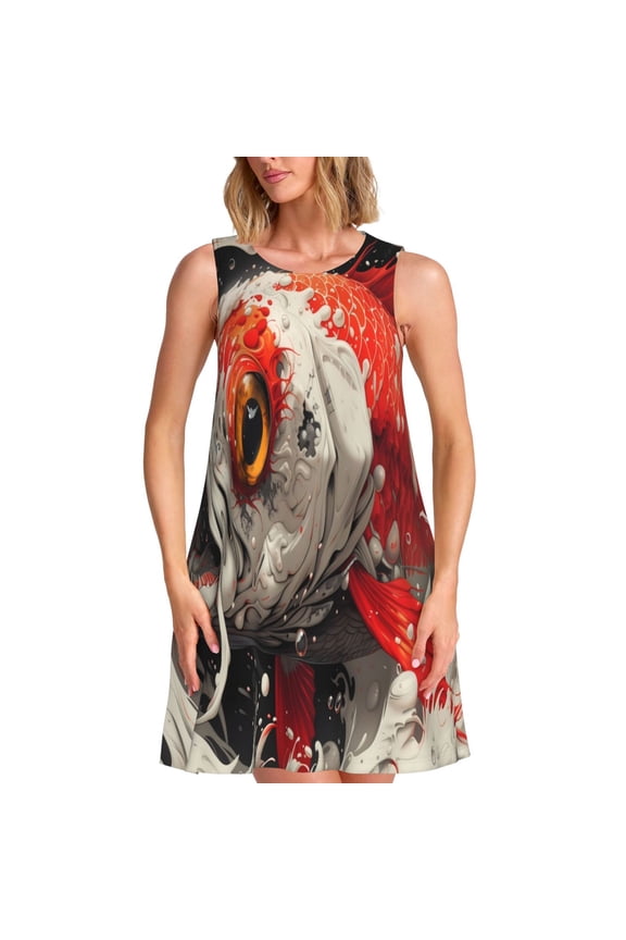 Abstract Red Koi Fish Art Pattern Women’s Sleeveless Dress,Casual Summer Dress,A-line Sleeveless Dress Versatile Summer Dress Stylish Day Dress