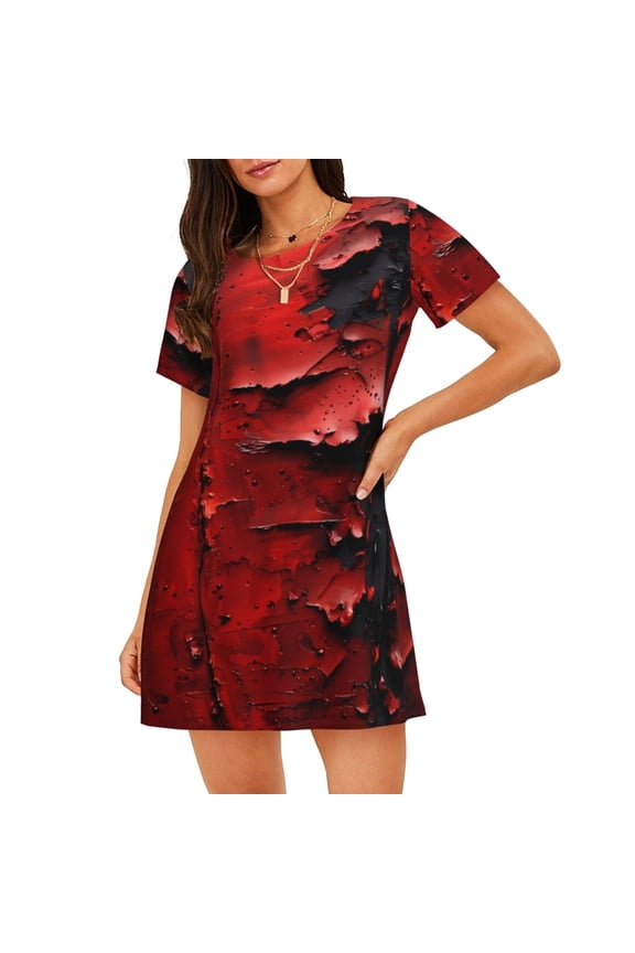 Abstract Red Textured Canvas Print Women’s Nightdress – Cozy Cotton Short-sleeved Sleep Shirt, Loose-Fit Sleepwear, Perfect for Relaxing and Sleeping