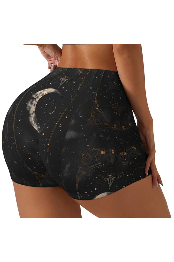 Abstract Starry Sky Moon Printed Power Workout Shorts for Women Tummy Control Squat Proof Ribbed Thick Seamless Scrunch Active Short-Medium