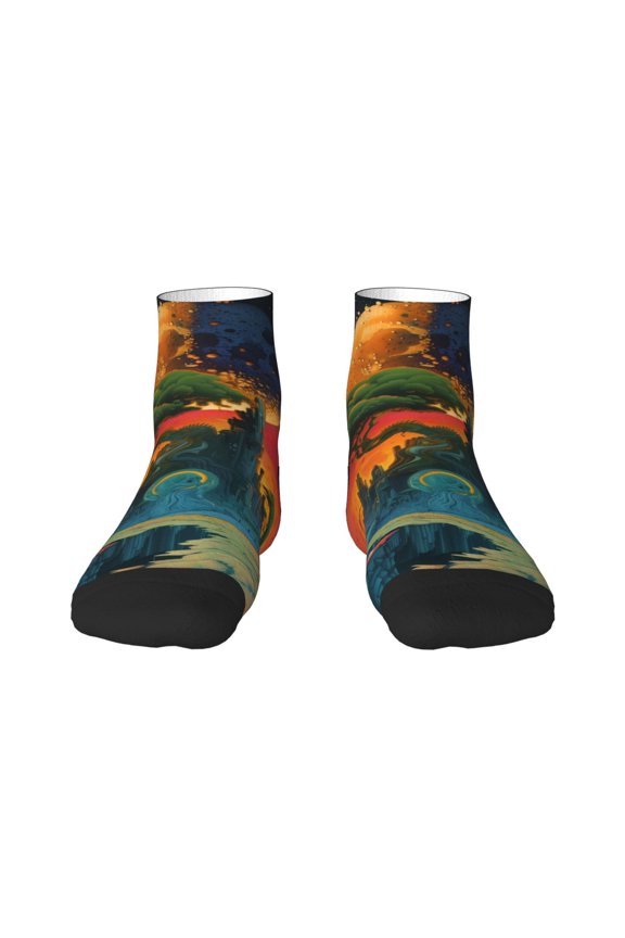 Abstract Tree Castle Pattern Quarter Crew Socks,Toe Seamed Ankle Socks,Cotton Cushioned Breathable Athletic Crew Sports Socks