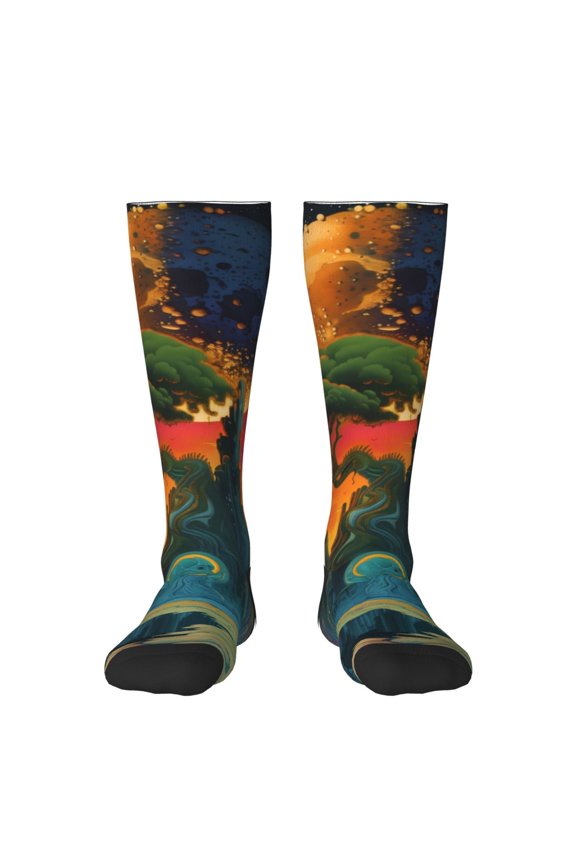 Abstract Tree Castle Pattern Women’s Knee High Crew Socks,Trouser Socks Comfortable, Breathable, Moisture-Wicking and Soft