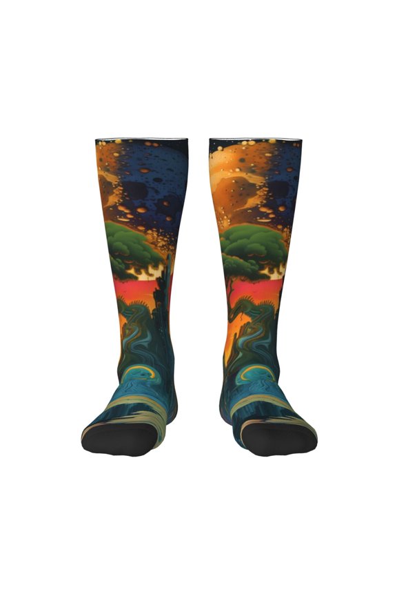 Abstract Tree Castle Pattern Women’s Knee High Crew Socks,Trouser Socks Comfortable, Breathable, Moisture-Wicking and Soft