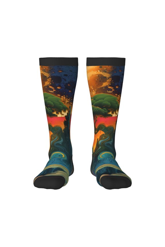 Abstract Tree Castle Pattern Women’s Knee High Crew Socks,Trouser Socks Comfortable, Breathable, Moisture-Wicking and Soft