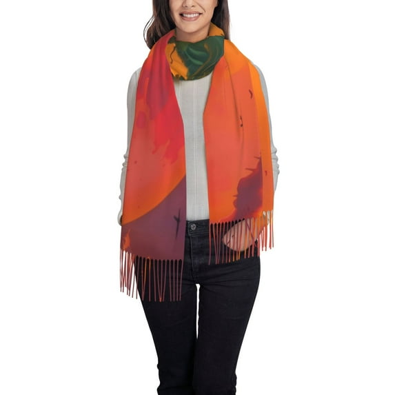 Rateoe Abstract Tree Castle Women's Traditional Scarf Wrap Tassel Shawl Fringes Neck Head Shawl Retro Scarf