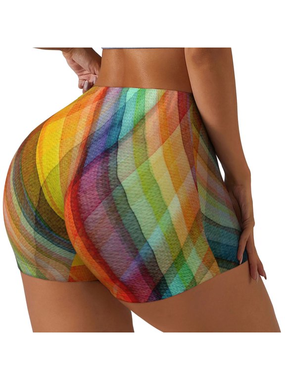 Abstract Watercolors Tartan Printed Power Workout Shorts for Women Tummy Control Squat Proof Ribbed Thick Seamless Scrunch Active Short-Large