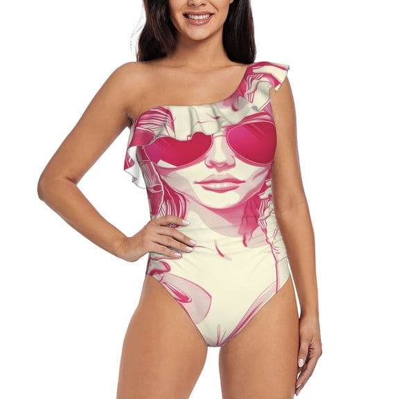 Rateoe Ace Of Diamonds Lady Pattern Women One Piece Swimsuits Tummy Control One Shoulder Bathing Suits Ruffle Swimwear-Medium