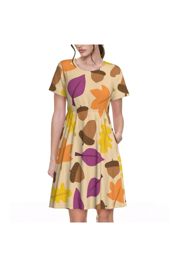 Acorn Autumn Fall Leaf Leaves Pattern Women’s Short Sleeve Dress – Casual Elegant Summer A-Line Dress for Everyday Wear