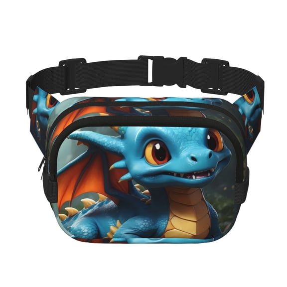 Rateoe Adorable Blue Baby Dragon Print Fanny Pack Belt Bag for Women and Men, Square Double-Layer Waterproof Waist Pack with Adjustable Strap for Hiking, Jogging, Cycling