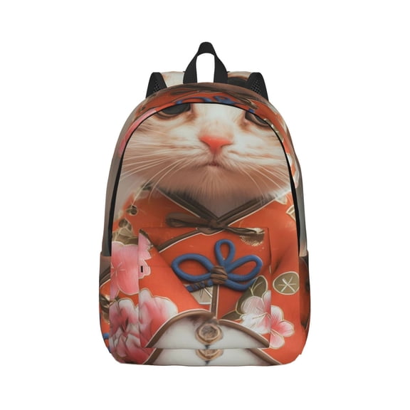 Rateoe Adorable Kitten In Kimono Pattern Canvas College Laptop Backpack,Travel Daypack,Durable Rucksack Travel Notebook Bag School Backpack Book Bag for Men Women-Small