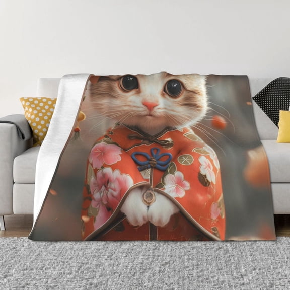 Rateoe Adorable Kitten In Kimono Pattern Flannel Throw Blanket, Ultra-soft Blanket for Bed, Couch, Car, Hypoallergenic Anti-pilling blanket-