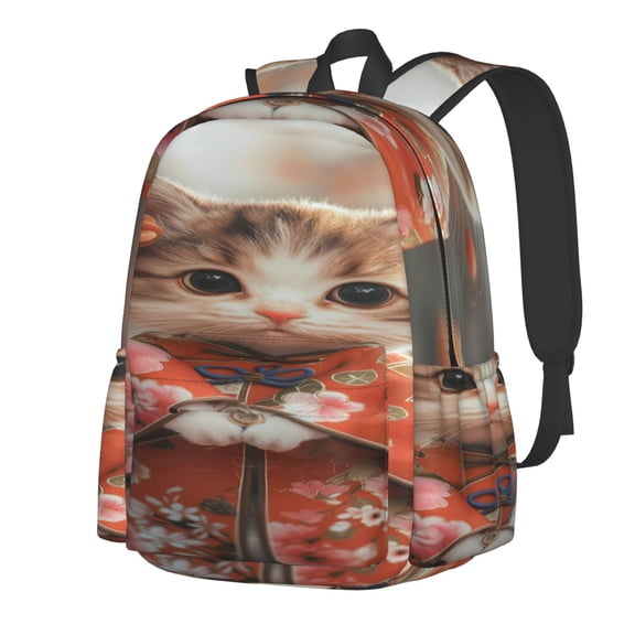 Rateoe Adorable Kitten In Kimono Pattern Student Backpack,Backpack for School,Lightweight Bag,Travel Backpack,Outdoor Backpack,Large Capacity Backpack