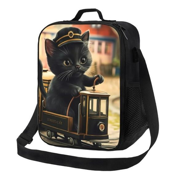 Rateoe Adorable Kitten On Mini Train Lunch Bag Reusable Lunch Box with Shoulder Straps for Men Women Insulated Portable Lunchbox for adults Suitable for School Work Picnic