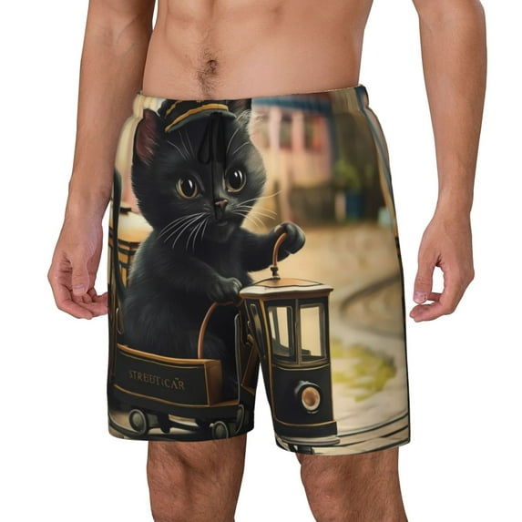 Rateoe Adorable Kitten On Mini Train Pattern Men’s Swim Shorts with Compression Liner – Double-Layered Quick-Dry Swimwear, Comfortable & Stretchy Beach Shorts-Medium