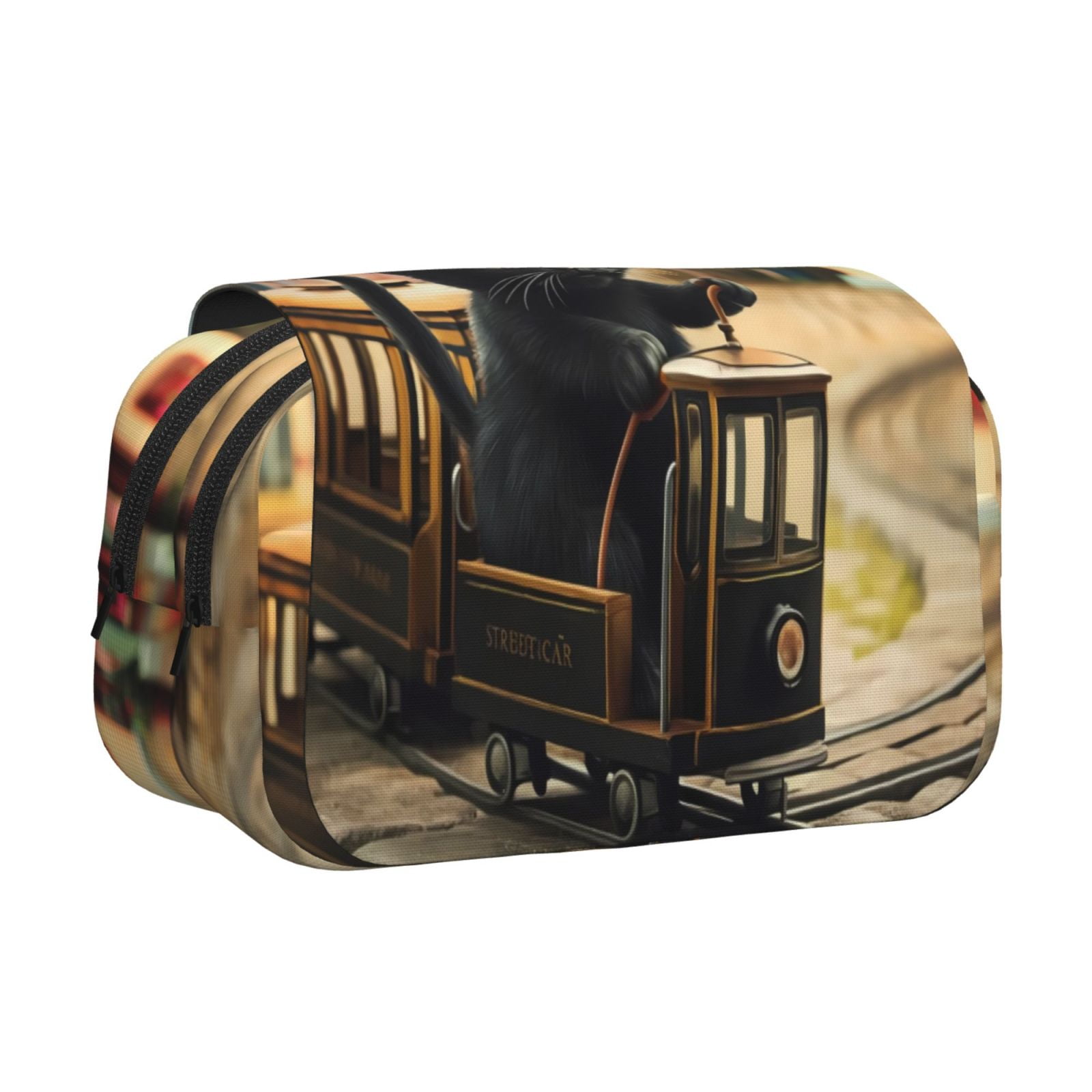 Rateoe Adorable Kitten On Mini Train Pattern Double Clamshell Pen Case, Storage Organizer with Two Zipper Compartments– Holds Up to 50 Pencils & Pens