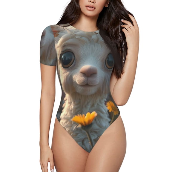 Rateoe Adorable Llama In Flowers Printed Women Rash Guard Short Sleeve,Tummy control Swimsuit Surfing Swimsuit Bathing Suit Short-sleeved Onesie UPF 50+ -Large